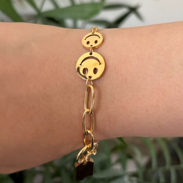 Statement armband schakel smiley goud RVS - Afbeelding 4