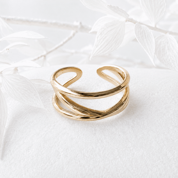 Dubbele ring met lijnen goud RVS