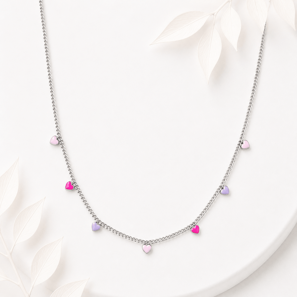 Ketting mini hartjes paars roze RVS